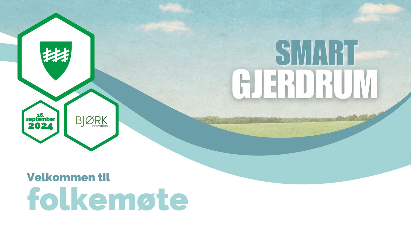 Plakat med teksten "smart Gjerdrum" og 3 sekskantede figurer med logoen til Gjerdrum kommune, logoen til Bjørk Innovation og datoen 16.september 2024. Nederst teksten "Velkommen til folkemøte"