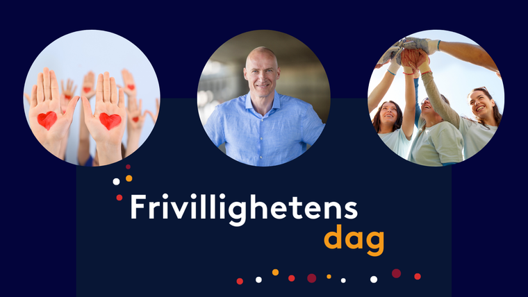 3 sirkulære fotografier på lilla bakgrunn, med teksten "Frivilligehstens dag" under. Bilde til venstre viser hender med påmalte hjerter, bildet i midten er et portrett av Erik Torsvedt , og bildet til høyre viser glade mennesker med hender som samles over hodene deres