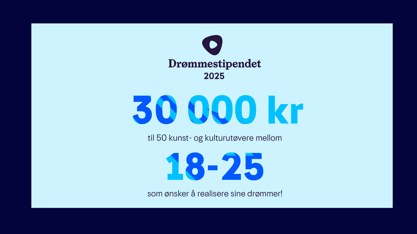 Drømmestipendets logo og teksten: "30 000 kr til 50 kunst- og kulturutøvere mellom 18 - 25 som ønsker å realisere sine drømmer!"