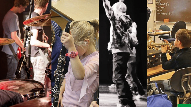 Kulturskole elever på gitar, klarinett, dans og kornett.