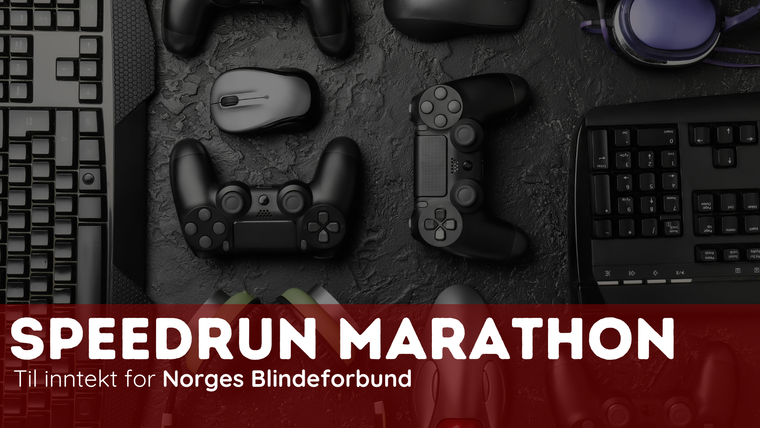 Bilde av spillkonsoller, mus og tastatur sett ovenfra. Nederst på bildet et farget område med teksten "speedrun marathon til inntekt for Norges blindeforbund"