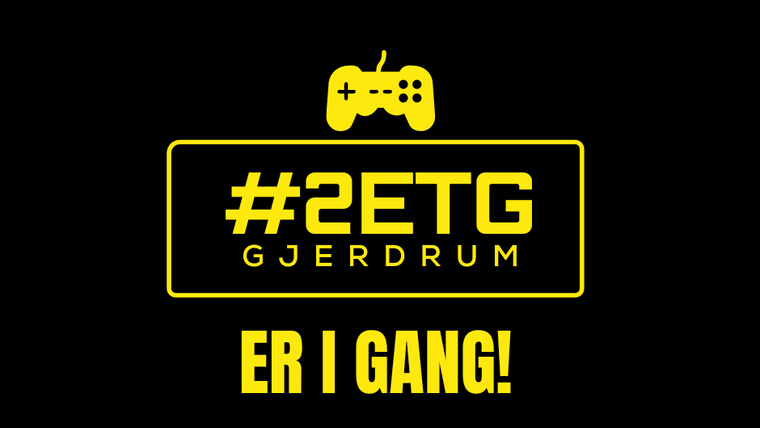 Logo for #2etg, bilde av en gul spillkontroll, navnet på møteplassen i gul ramme på sort bakgrunn. Teksten "er i gang" under logo.