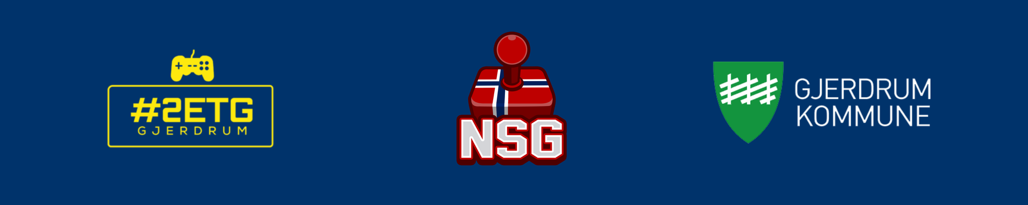 Blått rektangulært felt med logoen til #2etg, NSG og Gjerdrum kommunes våpenskjold